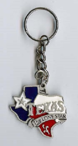 Red, white and blue Texas outline key tag.